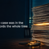 Stack of medical records on a dark desk at night with one page glowing amber inside the pile, magnifying glass beside it