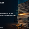 Stack of medical records on a dark desk at night with one page glowing amber inside the pile, magnifying glass beside it