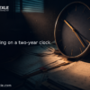 Navy wall clock casting long shadows over a desk covered in medical records and a court calendar with dates circled in red