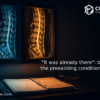 Radiology lightbox showing two spinal MRI films side by side, one lit cool blue and one warm amber, above an open case binder