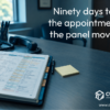 Fully booked paper appointment ledger and a blank sticky note on a QME scheduling desk showing the 90 day scheduling problem